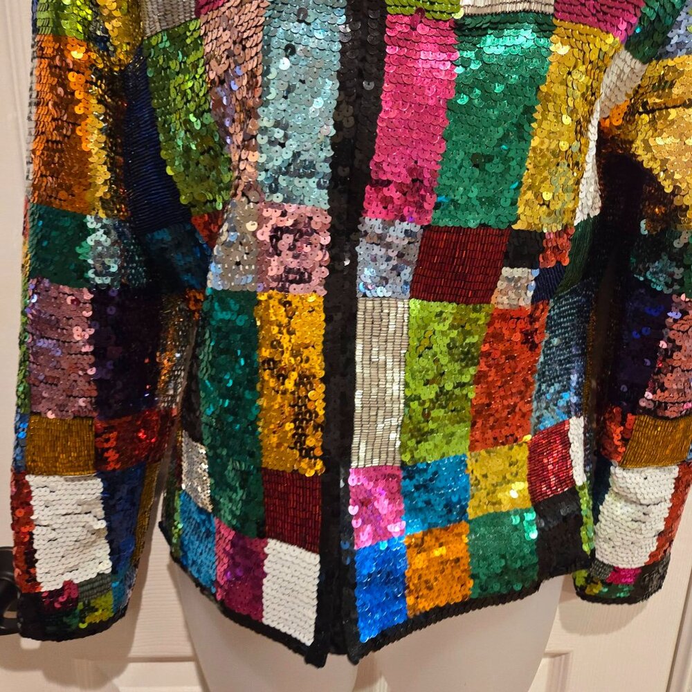 Vintage Adrienne Vittadini Rainbow Sequin Glitter Patchwork Jacket Small - Picture 9 of 15